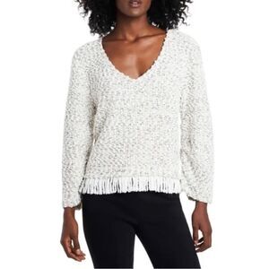 Vince Camuto Ruched Sleeve Boucle Fringe Pullover Pearl Ivory Size L